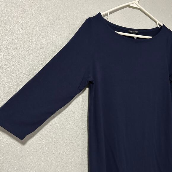 Eileen Fisher Tunic Top Small Navy 3/4 Sleeve Boat Neck Side Slits - Picture 4 of 8